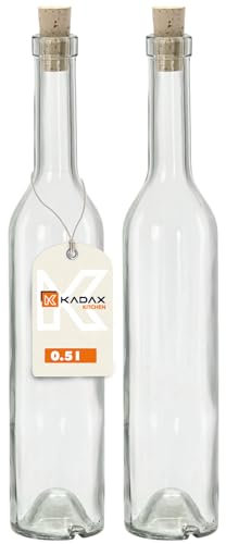 KADAX Primavera Lot de 2 bouteilles en verre avec bouchon en liège, transparentes, à remplir, pour boissons faites maison, réutilisables, 0,5 l