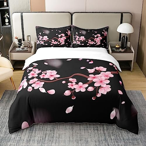 Loussiesd Kirschblüten Bettwäsche Set 135x200cm Japanischer Stil Bettwäsche 100% Baumwolle Bettbezug Set