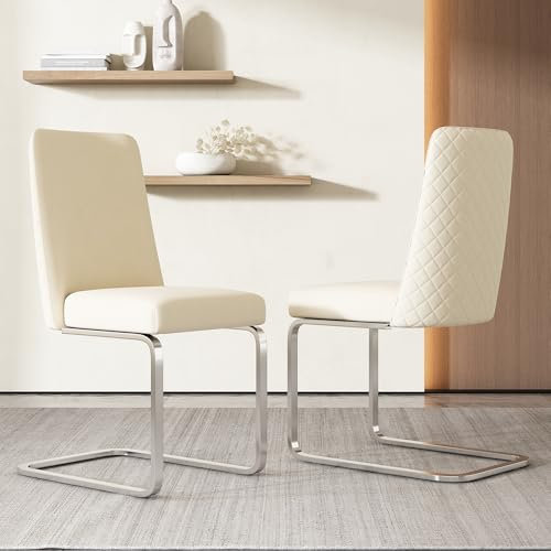 Merax Schwingstuhl 2er-Set, Samt Esszimmerstühle mit Metall-Stützbeinen, bequemer Freischwinger Stühle für Wohnzimmer, Schlafzimmer, Samt, Beige & Silber