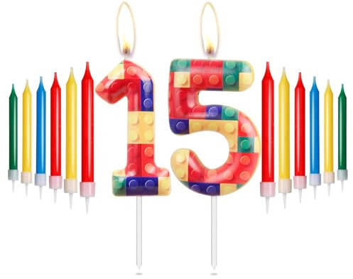 Building Blocks Birthday Candles, 15th Birthday Candles, Rainbow Number 15 Candles, Red, Yellow, Green, Blue Candle for Cake, Building Block Themed for Girls Boys Birthday Party Decorations Supplies