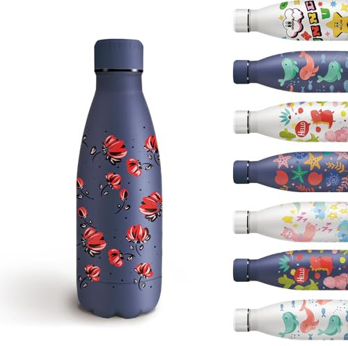Grsta Gourde Enfant, 350ml Gourde Isotherme, Gourde Inox Sans BPA, Facile à Nettoyer, Gourde Enfant anti Fuite, Garder au Froid ou au Chaud, Motif de Fleurs, Bleu Marine