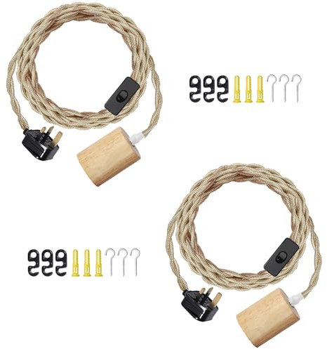 15FT Vintage Plug in Pendant Light Cord Hanging Light Dimmer Switch Kit DIY with Twisted Nylon Rope, Industrial Ceiling Pendant Lighting E26 E27 Socket for Farmhouse Kitchen Cable (02-2Pack)