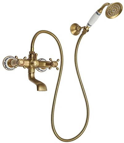 Antik Badewannenarmaturen Wand-Duscharmatur Mischbatterie mit Handbrause Wannenarmatur Wasserhahn Retro Messing Mischer Armatur für Badezimmer Duschen Gold