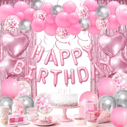 Geburtstagsdeko Rosa - Geburtstag Party Deko, Premium Happy Birthday Girlande Luftballons Vorhänge, Kindergeburtstag Jungen Mädchen, Geburtstagsdeko Männer Frauen