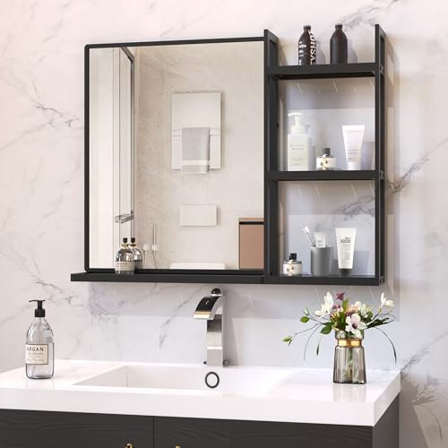 ANYHI Bathroom Mirrors for Wall, 78x62 CM Matte Black Metal Modern Rectangle Wall Mirror with Shelf, Perfect for Living Room, Bedroom, Entryway