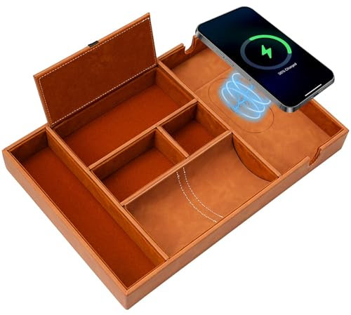 TRIXES Bandeja de carga inalámbrica, estación organizadora de escritorio o mesita de noche con cargador – teléfono, cartera, llaves, gafas, reloj y más, marrón tostado