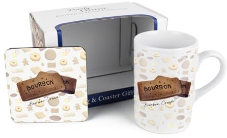 Purely Home Bourbon Mug & Coaster Gift Set - Novelty Gifts for Foodies - Tea/Coffee Ceramic Mug & Cork Coaster Set