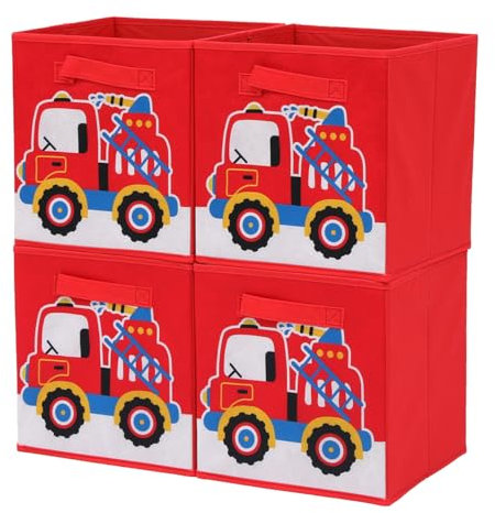 Homullel Kids Storage Boxes Set of 4, Children's Cube Organizer Bins with Cute Car Print, Foldable Toy Organizer Boxes, Fabric Toy Storage Cube for Nursery, Kid's Room, Bedroom, Playroom, Red