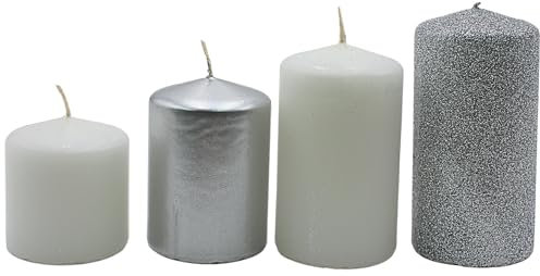 Adventskerzen, Stumpenkerzen, Adventskranzkerzen,Tischkerzen, Blockkerze, Tafelkerze in Silber-Weiß und Silber-Glitter, Lieferumfang 4 Stück, gestuft von L/B/H 5 x 5 x 5 cm bis L/B/H 5 x 5 x 9 cm .
