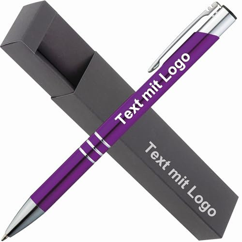 StillRich® hochwertiges Metall Kugelschreiber Set mit Gravur | 1 Stück | Farbe lila | inkl. Logo & Textgravur & inkl. Geschenkverpackung | Geschenk für Mitarbeiter, Kollegen und Kunden