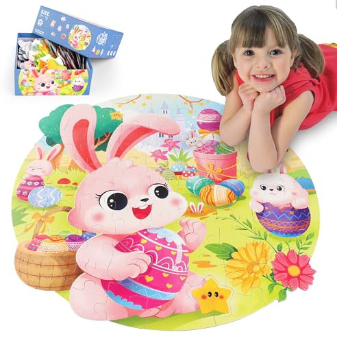 Sitodier Easter Puzzles for Kids Age 3+, 79 Pieces Large Round Bunny Puzzle for Toddlers Girls Boys Paper Floor Puzzles Learning Toys Birthday Easter Gifts