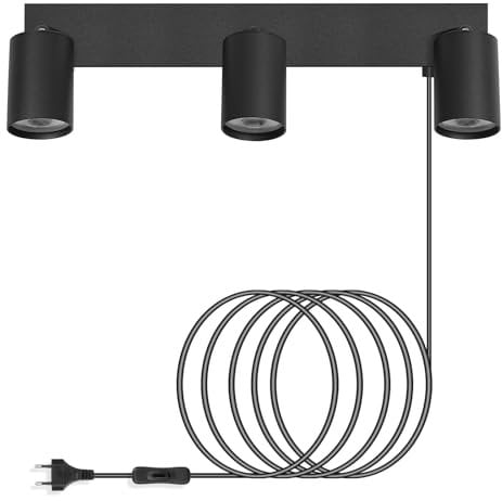 Kambo GU10 3 Luci nero applique da parete interno, Lampada a muro orientabile 350°, Faretto parete con Interruttore a filo, abat jour muro in alluminio adatta per camera da letto, soggiorno, comodino