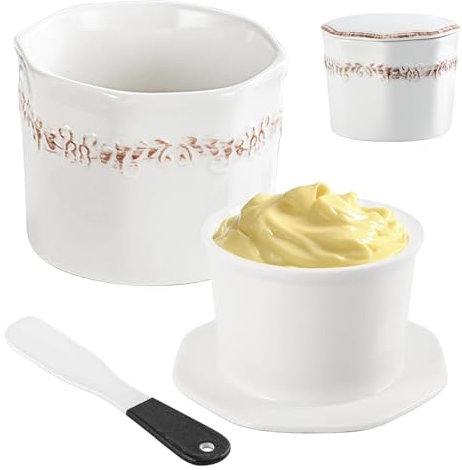 Mantequera francesa de cerámica francesa, recipiente para mantequilla de porcelana con tapa, campana de mantequilla francesa de porcelana con cuchillo de cerámica, para mantequilla untable