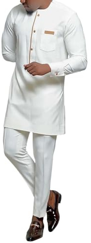 Africa Suit for Men, African Men's Outfit, Long Sleeve Dashiki with Gold Print and Trousers, Traditional Suit, 2 Piece Set, Islamic Costume Kaftan Dubai Arab Kaftan Clothing, White (white 2), L