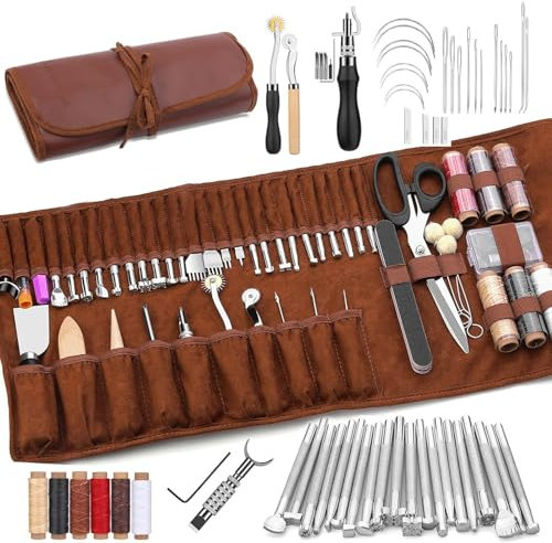 TINMAGI Herramientas de Artesanía de Cuero, Kit de Costura con Bolsa de Almacenamiento Personalizada, Herramientas de Trabajo de Cuero para Cortar, Perforar, Tallar