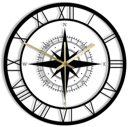 FVCTGHZ Horloge Murale silencieuse Exclusive avec Boussole, Carte et Rose des Vents Noire, décoration d'intérieur for Voyageur(7 Colors LED)