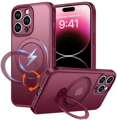 PuyaTeya Magnet-Ständer 360° für iPhone 14 pro max Hülle, Matt-Weinrot | Kompatibel mit Magnetischer 16FT Military Drop Protection, Anti-Kratzer/Fingerabdruck Handyhülle für iPhone 14 pro max