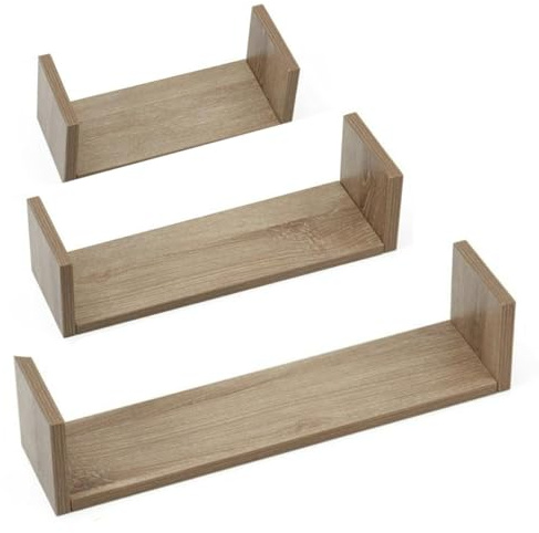 PREMZO Set of 3 U Shaped Floating Wall Shelves MDF Wooden Display Storage Rack Space Saving Wall Mounted Shelving Unit for Bedroom, Living Room, Kitchen, Home Décor Organiser (Oak Finish)