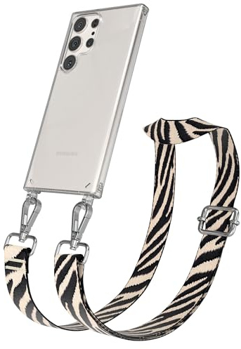 EAZY CASE Handykette - Verstellbares Taschenband kompatibel mit Galaxy S23 Ultra, Schulterriemen, Handykordel mit Silikon Hülle, Umhängetasche, Zebra - Schwarz Beige Silber