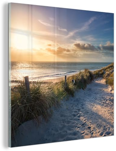 MuchoWow© Wandbilder Glas Schlafzimmer Home Deko Wohnung Bild Wohnzimmer | 30x30 cm - Wand Glasbilder Leinwand Wall Decor Strand - Sonnenuntergang - Düne - Gras - Bank