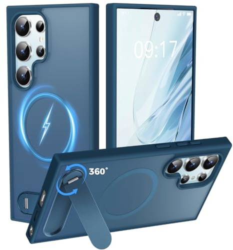 OLHAOMAO Handyhülle für Samsung Galaxy S24 Ultra 360° Kickstand, MagSafe | Unsichtbarer magnetischer Ständer‑Schutzhülle für Galaxy S24 Ultra, militärisch stoßfest, Silikon‑Bumper, dünne matte Blau