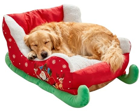 Weihnachtliches Haustierbett – Plüsch-Schlitten-Hundekissen und künstliches -Sofa, Weihnachtsschlitten, Hunde- und Katzenbett für Schlafzimmer, Wohnzimmer, Innenbereich, Zuhause, Winter