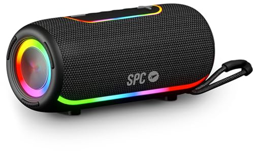 SPC Orbital Storm – Enceinte Bluetooth puissante 60W Portable avec lumière LED 360° | Jusqu’à 20h d’autonomie | Étanche IPX6 | True Wireless | USB, microSD, Jack 3,5mm | Enceinte avec Sangle