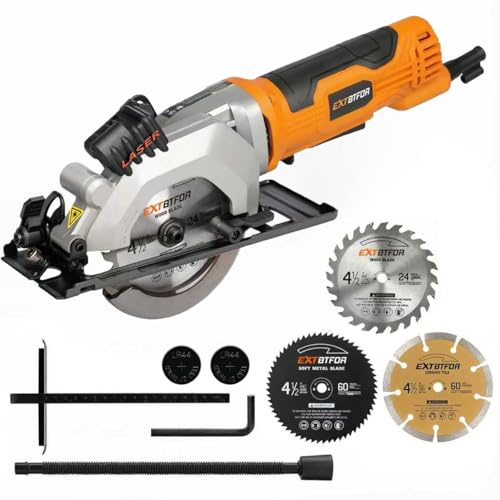 Extbtfor 580W Power Circular Saw, 3700RPM Laser Guide 3 Pcs 115mm Blades | 115MM Mini Circular Saw Maximum Cutting 42.8mm at 90° and 28mm at 45° for Wood, Soft Metal,Plastic