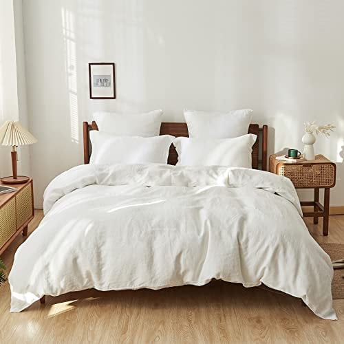 Simple&Opulence Super King Duvet Cover Set-100% Linen Duvet Cover-1 Breathable Soft Quilt Cover with 2 Pillowcases-Luxury Hypoallergenic Flax Linen Bedding-White