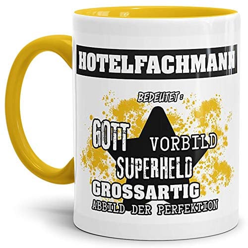 Tassendruck Berufe-Tasse Bedeutung Eines Hotelfachmann Innen & Henkel Gelb/Job/Tasse mit Spruch/Kollegen/Arbeit/Witzig/Mug/Cup/Geschenk-Idee/Beste Qualität - 25 Jahre Erfahrung