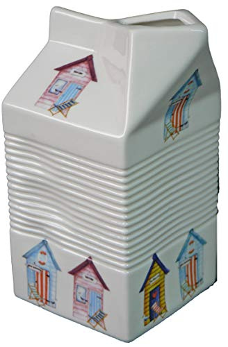 Milk Carton Shaped jug Off White Ceramic Decorated with Beach hut Patten