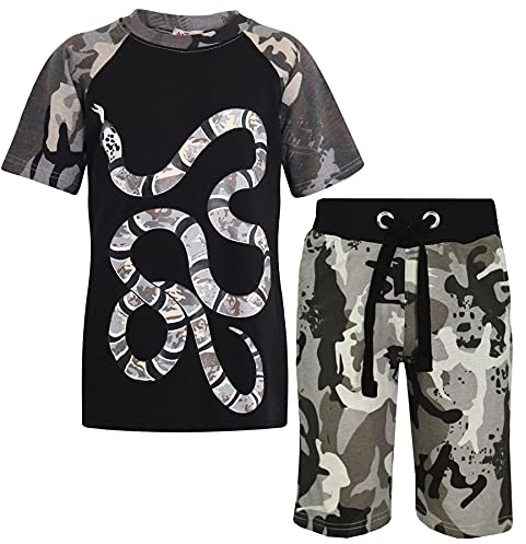 A2Z 4 Kids Snake Camo Print Top & Shorts Set Two Colour Contrast Short Sleeves T Shirt Summer Outfit 2 Piece Activewear Girls Boys Age 5-13 Years