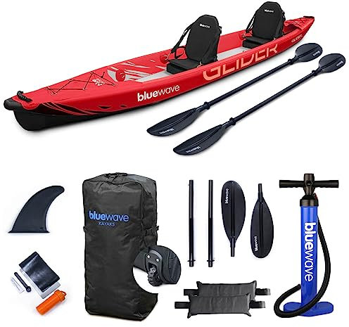 Bluewave Inflatable Kayak - Double - Complete Set Including 'Glider' 2-Person Kayak, Seats, Paddles, Fin, Storage Bag & Pump Included – The Complete Tandem Kayaking Package (Red)