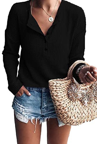 WNEEDU Women's Long Sleeve Tops Waffle Knit T-Shirts Loose V Neck Tunic Henley Shirts Button Up Blouse Black
