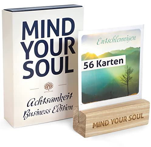 OfficeTree 56x Achtsamkeitskarten für Erwachsene - Business Edition - Kartenhalter aus Eschenholz - Motivationskarten - Stress bewältigen mit Achtsamkeit - Kraftkarten für Erwachsene - Mindfulness