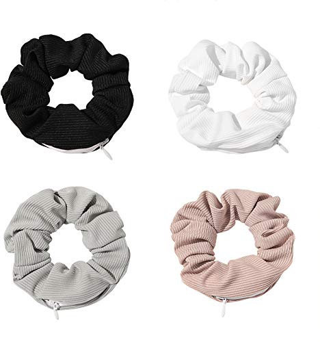 BEAUTYBIGBANG Haargummis 4 Stück Zipper Haar Scrunchies Elastische Haarbänder Gummibänder mit Reißverschluss Tasche