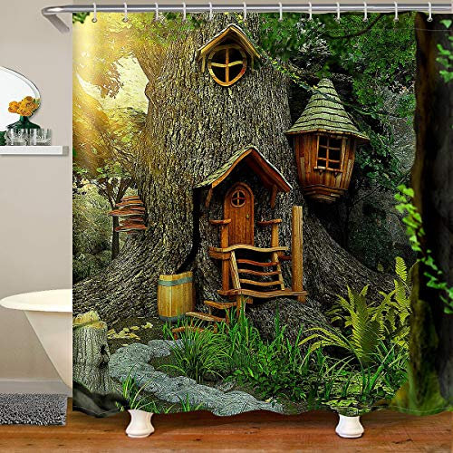 Woodland Waterproof Shower Curtain Tree House Decor Bathroom Kids Boys Girls Fantasy Cartoon Illustration Art Shower Curtain with Hooks Fairy Tale Curtains,180x180cm
