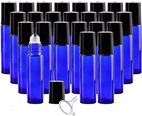 25 Pack 10ml Cobalt Blue Glass Roller Bottles, Leakproof Empty Refillable Essential Oil Glass Roller Bottle with Stainless Steel Roller Balls (1 Opener, 1 Dropper, Included)