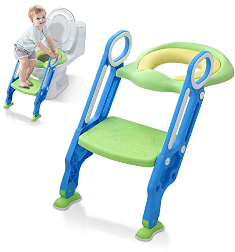 XMTECH Kinder Toilettentrainer Toilettensitz mit Treppe Faltbar Töpfchentrainer WC Trainer Höhenverstellbar mit PU Gepolstert Kissen und Griffen Töpfchen (Grün + Blau)