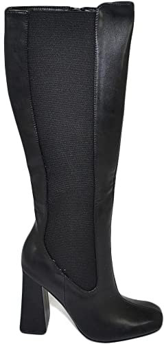 Stivale alto donna punta quadrata nero liscio gambale aderente con elastico al ginocchio tacco largo 10 cm moda con zip (36 EU)