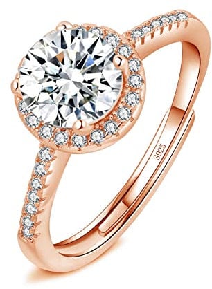 Josfeva Silver Rings for Women Girls, 925 Sterling Silver Adjustable Diamond Ring, Bride Wedding Engagement Ring for Love Promise, Romantic Anniversary Round Rose Gold Rings for Couples Gifts
