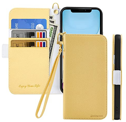 Butnyeoe Handyhülle für iPhone 11 Klappbar Hülle,Litschi Textur Leder Wallet Schutzhülle Tasche Flip Cover Case,Magnetic Closure Klapphülle mit Kartenfach Standfunktion,Gelb