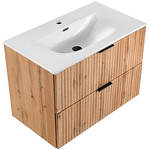 Lomadox Badmöbel Waschtisch Set 81cm mit Keramik Waschbacken, Unterschrank Wotaneiche mit gerilllter Front, Badschrank mit 2 Softclose-Auszügen, B/H/T ca. 81/58,5/46 cm