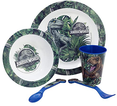 SET DI STOVIGLIE PER BAMBINI DA 5 PEZZI. PIATTO, CIOTOLA, BICCHIERE DA 260 ML E POSATE. SENZA BPA E ADATTO AL MICROONDE. | JURASSIC WORLD FRANCHISE