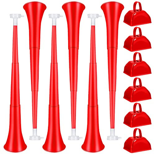 Treela 12 Stück zusammenklappbare Stadionhorn und Metall-Kuhglocken, 61 cm, Vuvuzela-Hornblasen, Kunststoff, Trompete, Kuhglocken mit Griff, Geräuschmacher für Sportveranstaltungen, Abschlussspiele,
