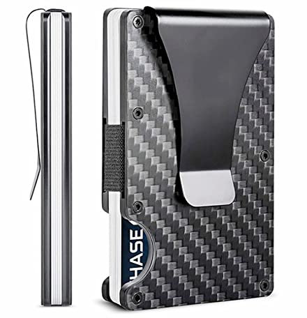 Yuehuamech Portefeuille fin en fibre de carbone avec blocage RFID et pince à billets en métal pour cartes de crédit, porte-monnaie, porte-monnaie, protecteur de cartes pour homme et père