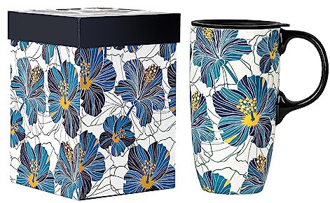 DUSVALLY Coffee Ceramic Mugs Travel Coffee Mug Porcelain Latte Tea Cup with Lid and Gift Box 17oz.Tall Coffee Mug, Blue Floral