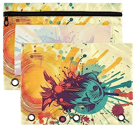 American Retro Orange Blue Goldfish with Bubble Sun 3 Ring Binder Pencil Pouch 2 Pack Kunststoff Recycled Transparent Wasserdicht Federmäppchen mit Reißverschluss Schreibwaren Zubehör