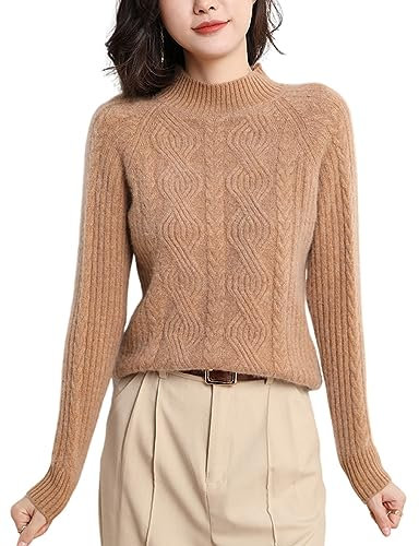 DISSA Pull Cachemire Femme Col Montant Kaki Torsade Tricoté en Vrac Manches Longues épais Pull en Cachemire et Laine,42,DF8041