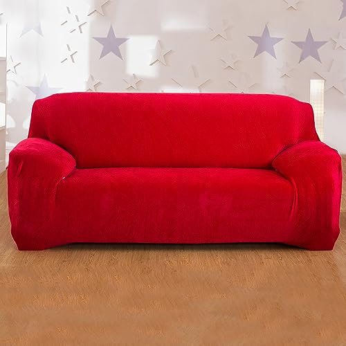 Hiseng Sofa Überzug, Stretch Sofabezug 1 2 3 4 Sitzer Polyesterfaser Couch Überzug Waschbar Universal Sofa Cover Samt Sofaschoner für Haustiere Und Kind (Rot,2-Sitzer)
